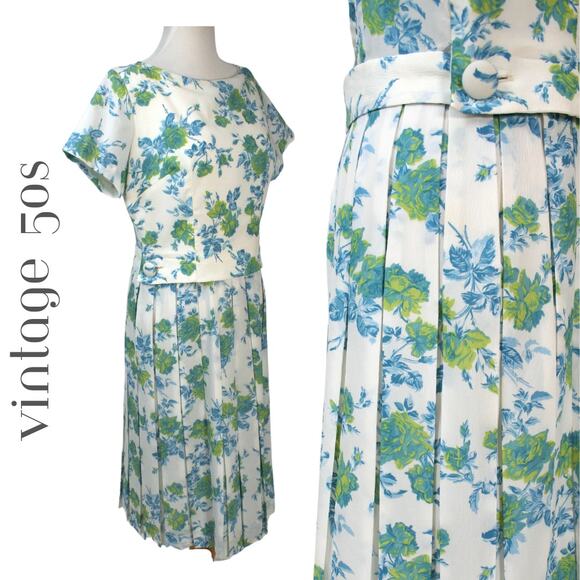 Vintage 50s 60s Dress MidCentury Spring Summer Floral Pleated Rockabilly Pin-Up - Picture 1 of 11
